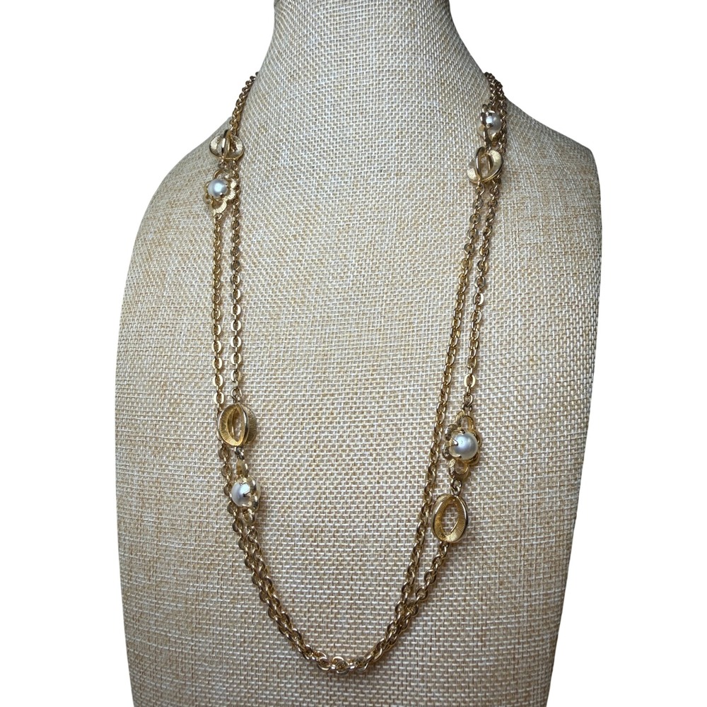 Vintage Gold‎ Faux Pearl Floral Station Long Double Strand Chain Necklace Retro
